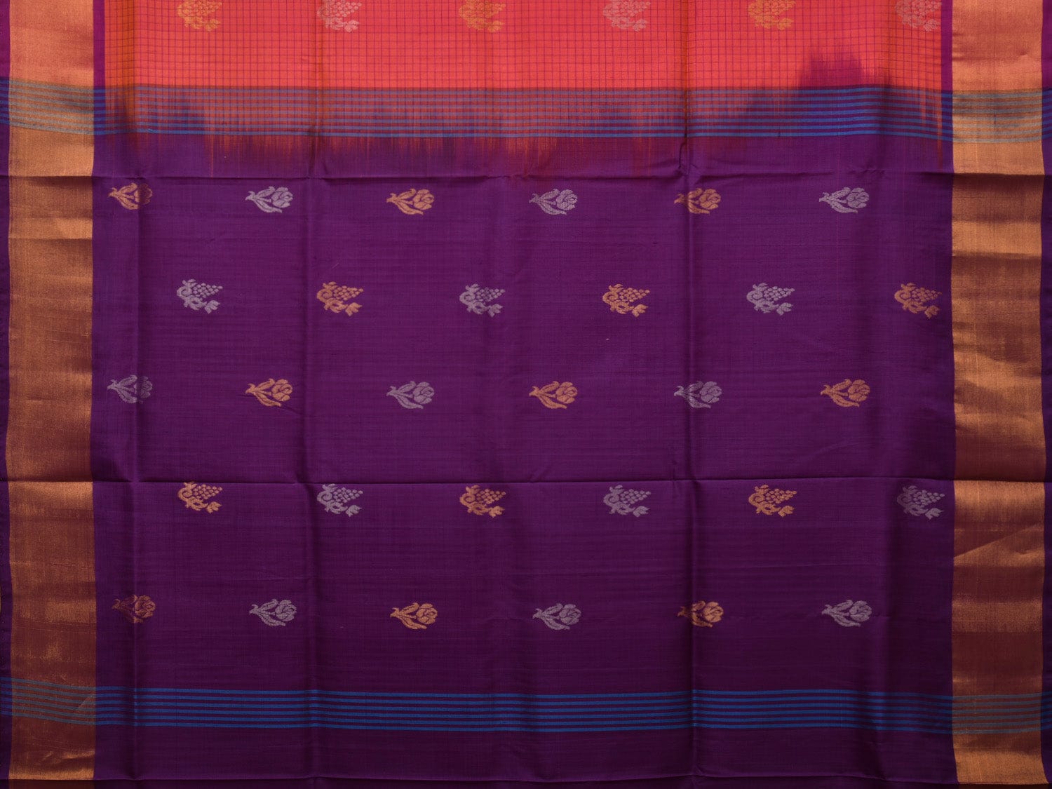 Pink and Purple Uppada Silk Handloom Saree with Body Buta and Checks Design u2195