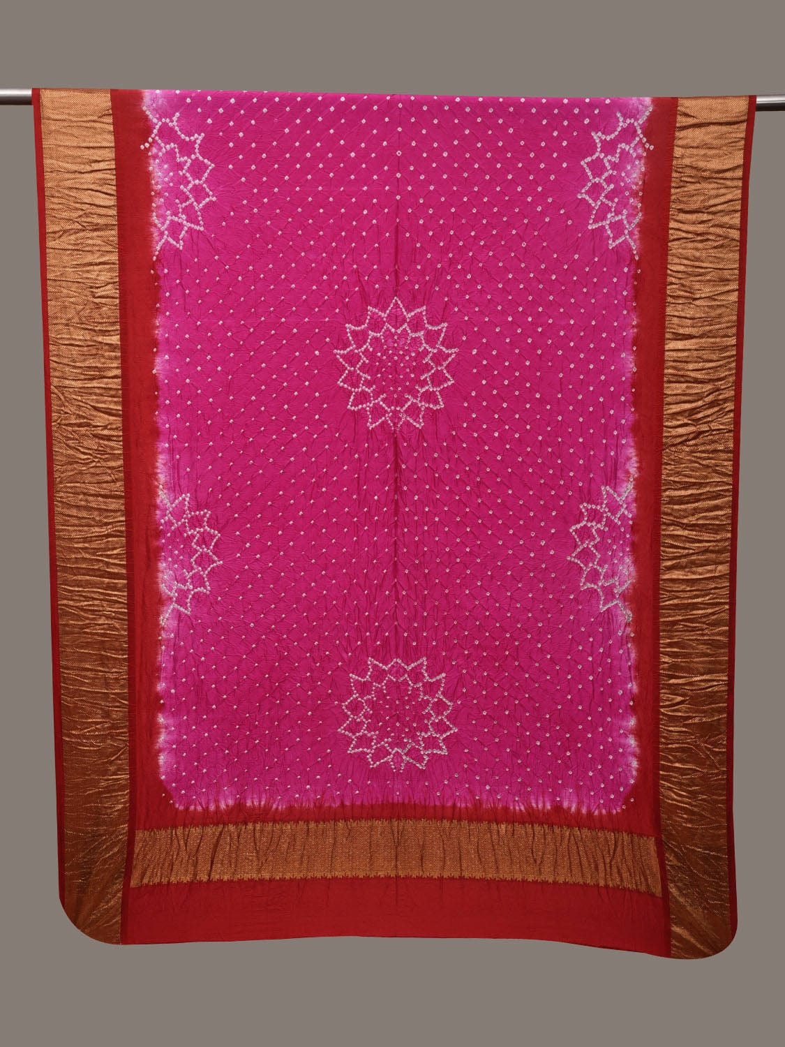 Pink and Red Bandhani Kanchipuram Silk Handloom Dupatta with Border and Chakra Design ds3013