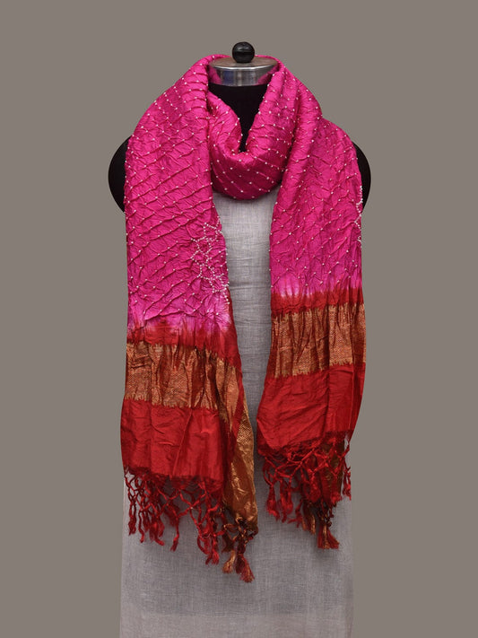Pink and Red Bandhani Kanchipuram Silk Handloom Dupatta with Border and Chakra Design ds3013