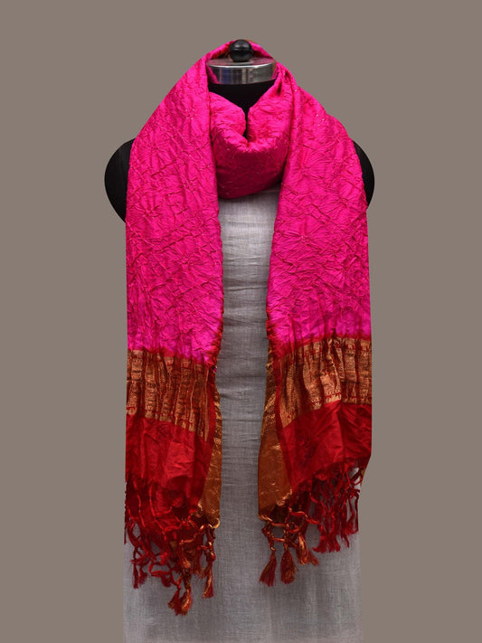 Pink and Red Bandhani Kanchipuram Silk Handloom Dupatta with Border Design ds2743