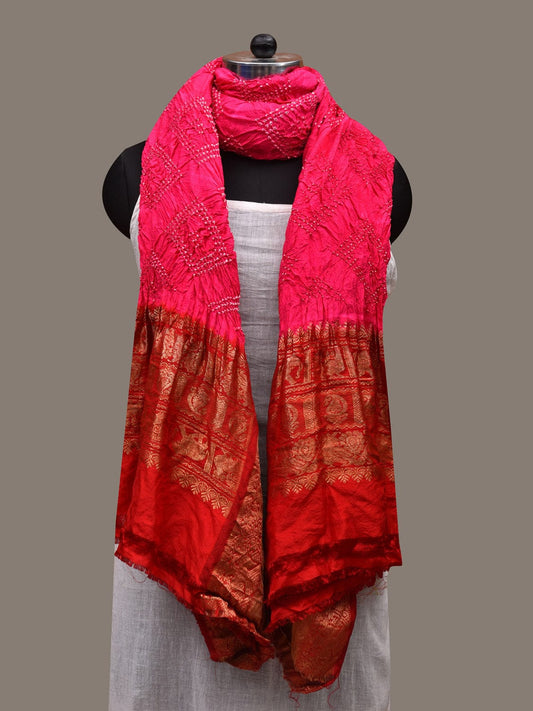 Pink and Red Bandhani Kanchipuram Silk Handloom Dupatta with Border Design ds2754