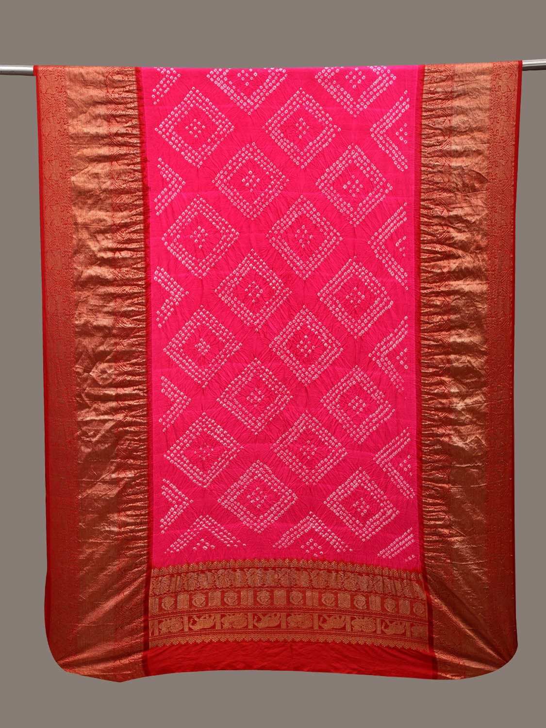 Pink and Red Bandhani Kanchipuram Silk Handloom Dupatta with Border Design ds2754
