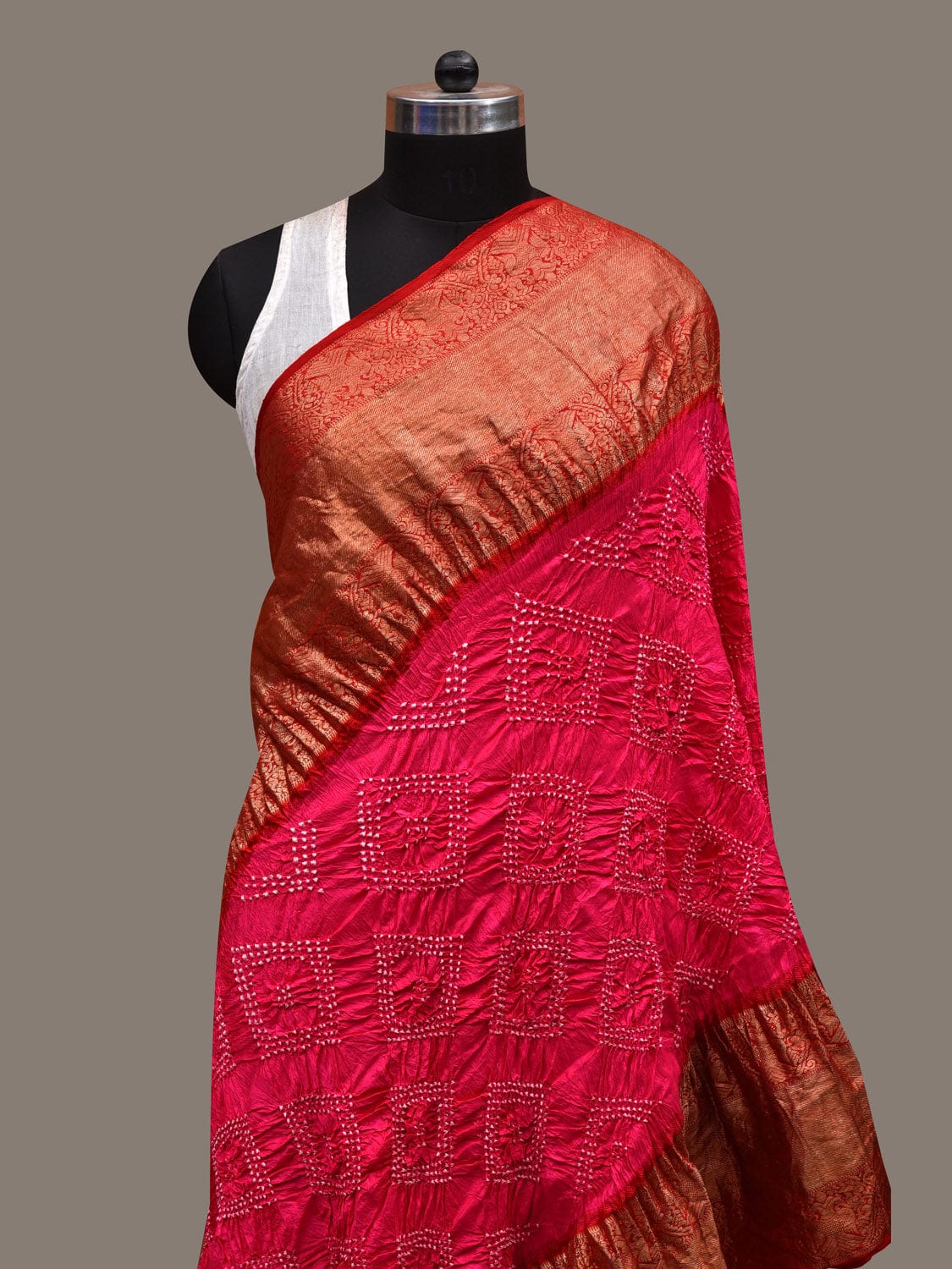 Pink and Red Bandhani Kanchipuram Silk Handloom Dupatta with Border Design ds2754