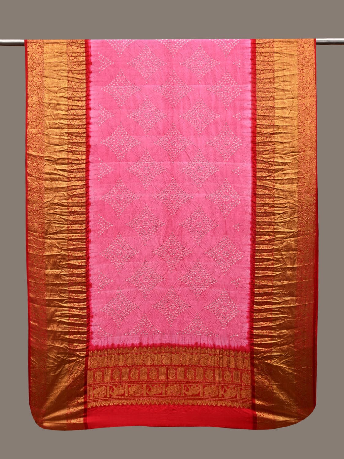 Pink and Red Bandhani Kanchipuram Silk Handloom Dupatta with Border Design ds2918
