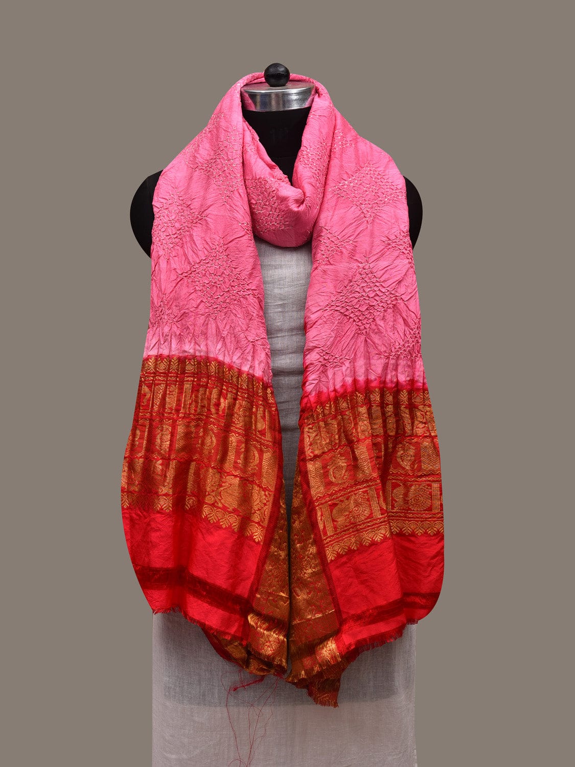 Pink and Red Bandhani Kanchipuram Silk Handloom Dupatta with Border Design ds2918