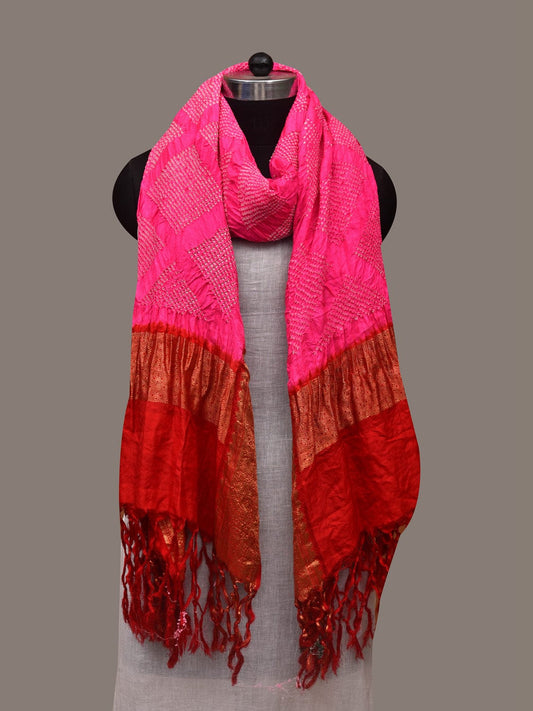 Pink and Red Bandhani Kanchipuram Silk Handloom Dupatta with Border Design ds2962