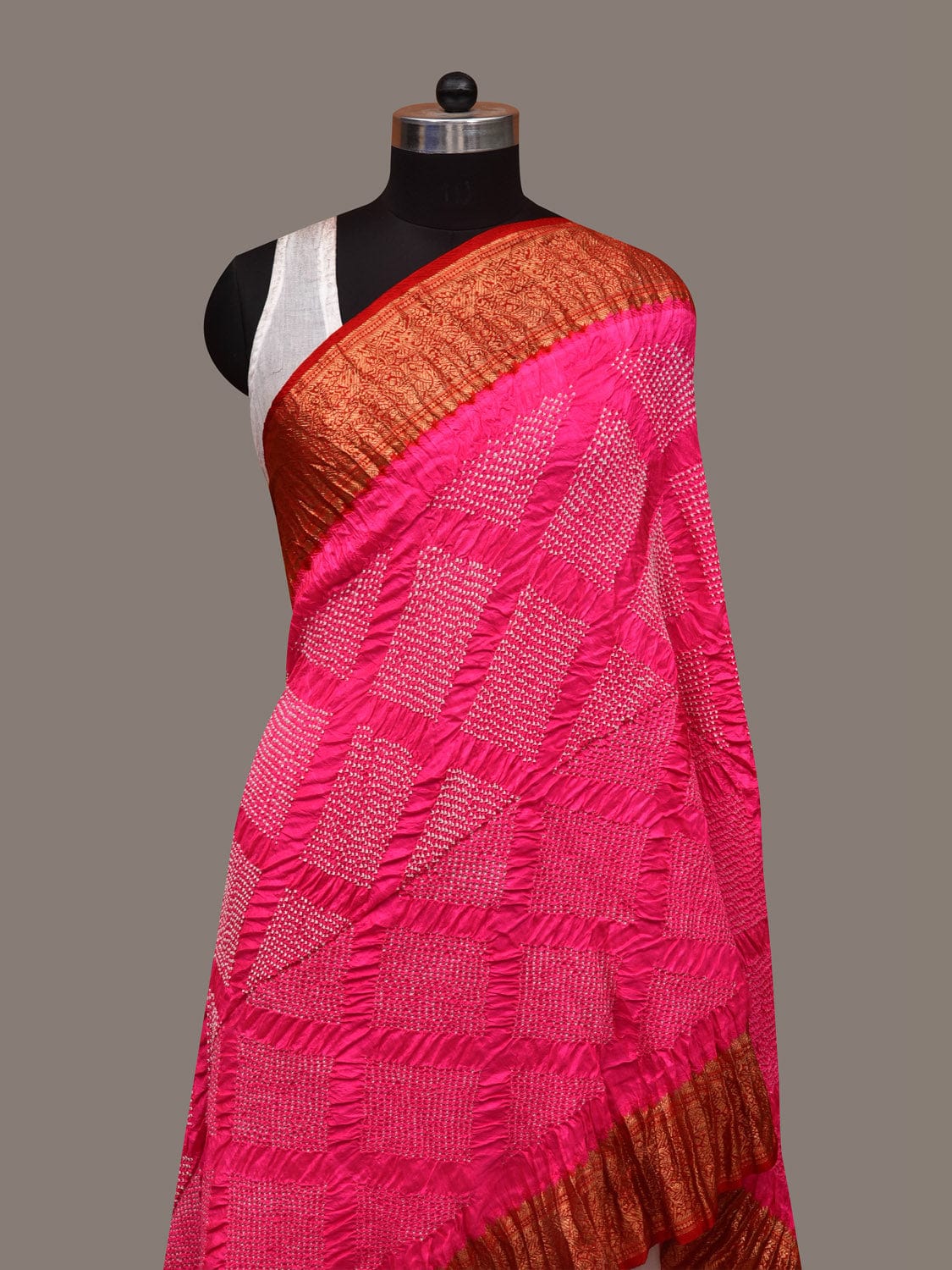 Pink and Red Bandhani Kanchipuram Silk Handloom Dupatta with Border Design ds2962
