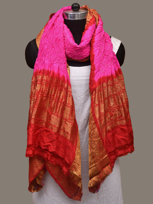 Pink and Red Bandhani Kanchipuram Silk Handloom Dupatta with Border Design ds3113