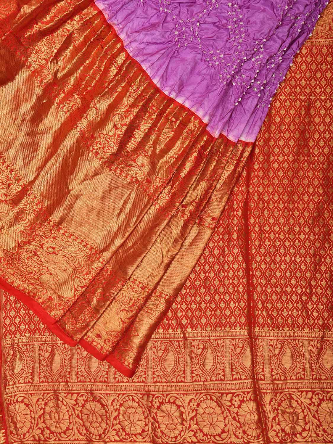 Pink and Red Bandhani Kanchipuram Silk Handloom Saree with Big Border and Pallu Design bn0501
