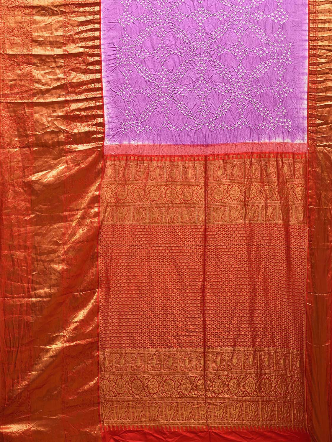 Pink and Red Bandhani Kanchipuram Silk Handloom Saree with Big Border and Pallu Design bn0501