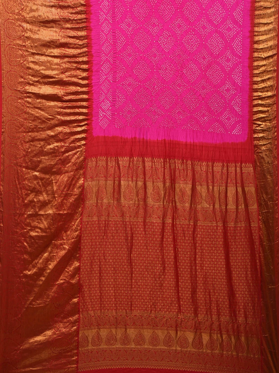 Pink and Red Bandhani Kanchipuram Silk Handloom Saree with Border Design bn0442