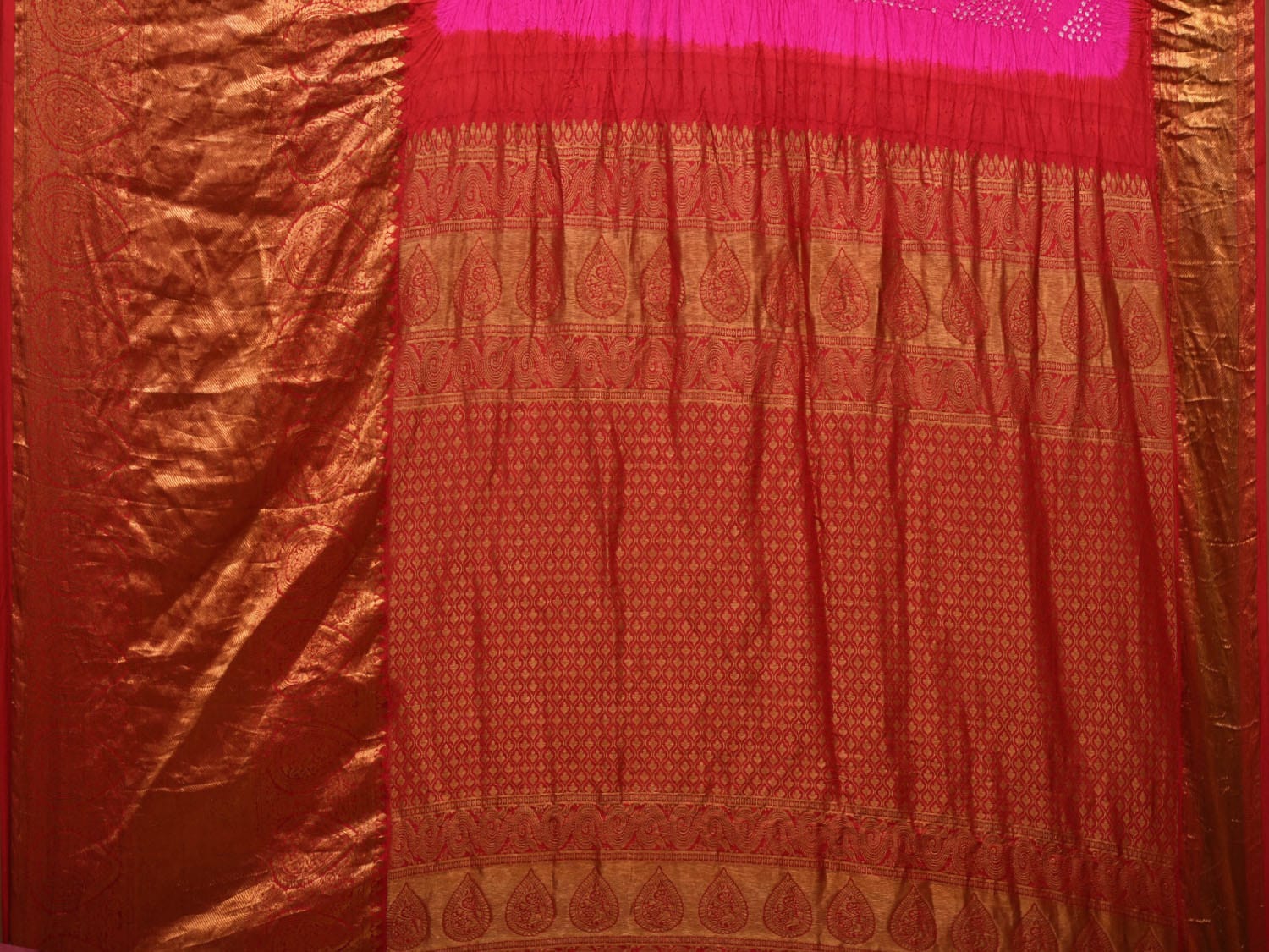 Pink and Red Bandhani Kanchipuram Silk Handloom Saree with Border Design bn0442