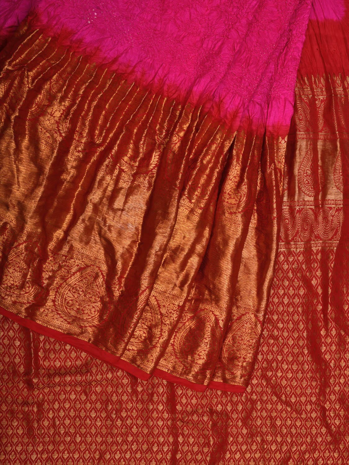Pink and Red Bandhani Kanchipuram Silk Handloom Saree with Border Design bn0442