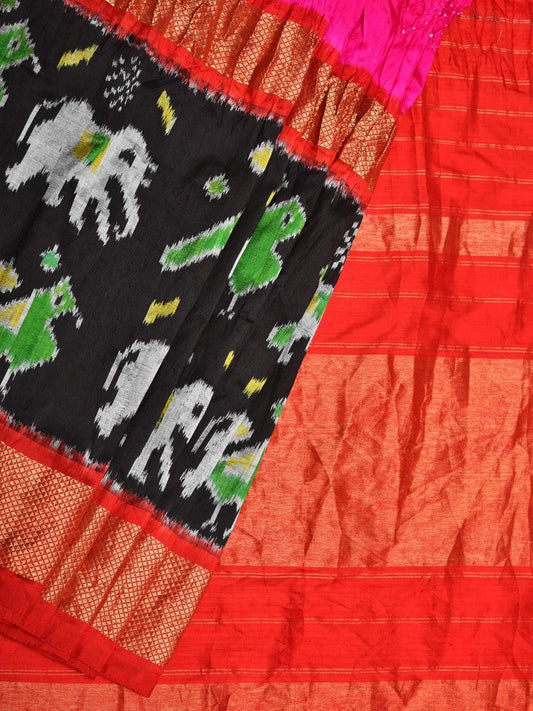Pink and Red Bandhani Pochampally Ikat Silk Handloom Saree with Border Design bn0149