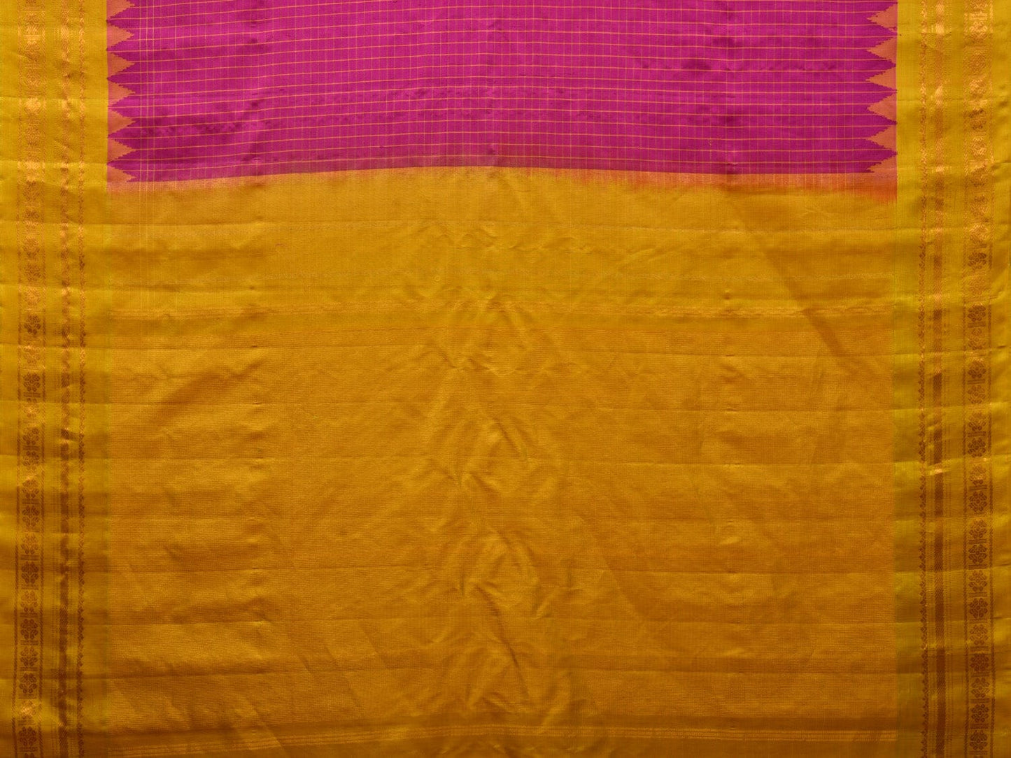 Pink and Yellow Gadwal Silk Handloom Saree with Checks and Border Design g0322