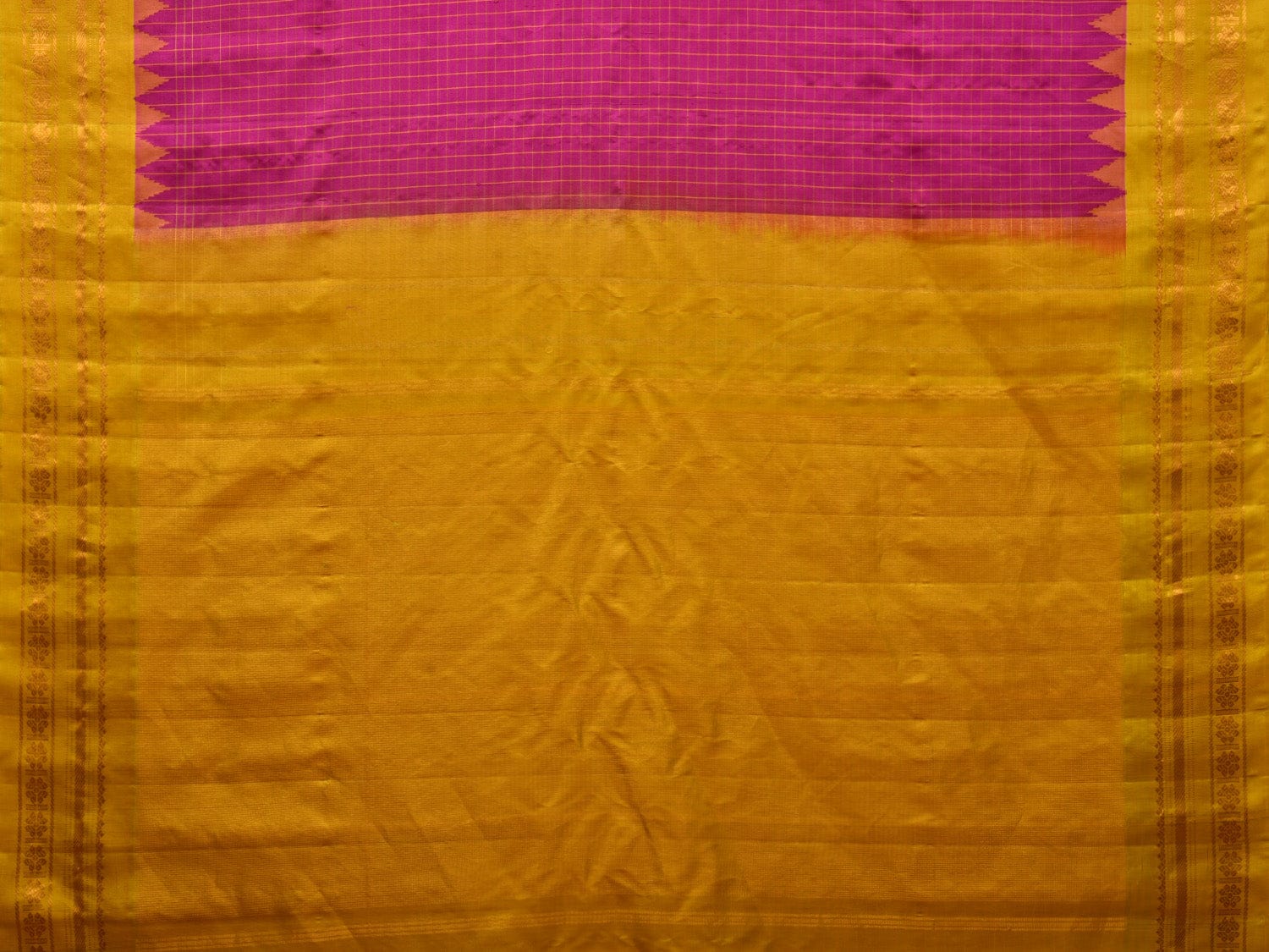 Pink and Yellow Gadwal Silk Handloom Saree with Checks and Border Design g0322