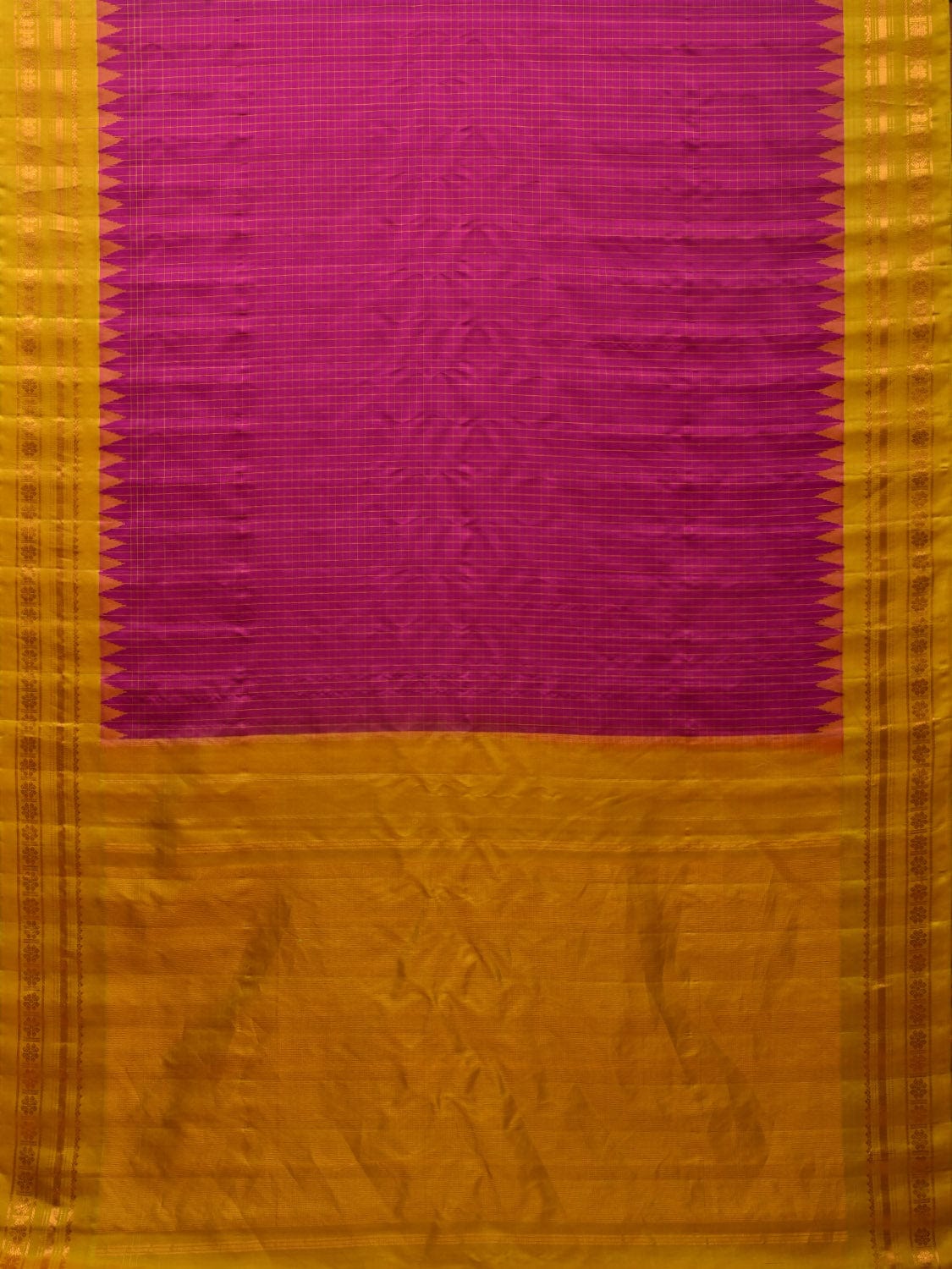 Pink and Yellow Gadwal Silk Handloom Saree with Checks and Border Design g0322