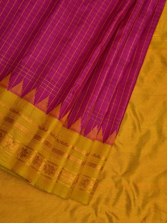 Pink and Yellow Gadwal Silk Handloom Saree with Checks and Border Design g0322