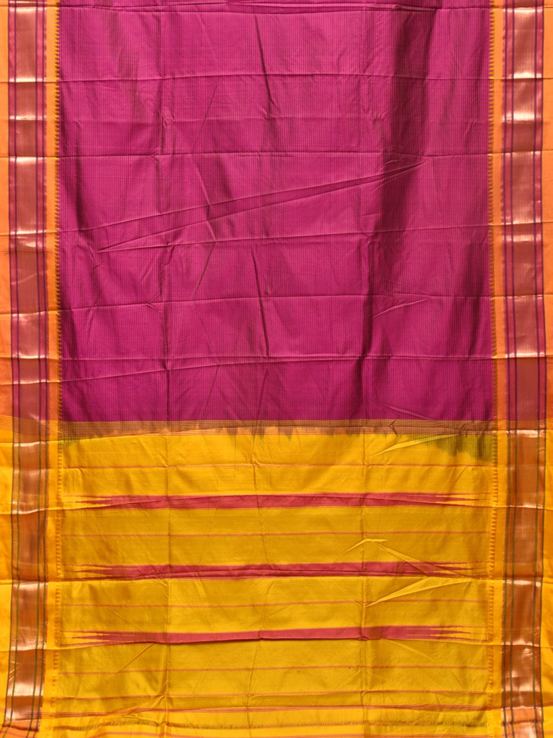 Pink and Yellow Narayanpet Silk Saree with Strips Design No Blouse np0783