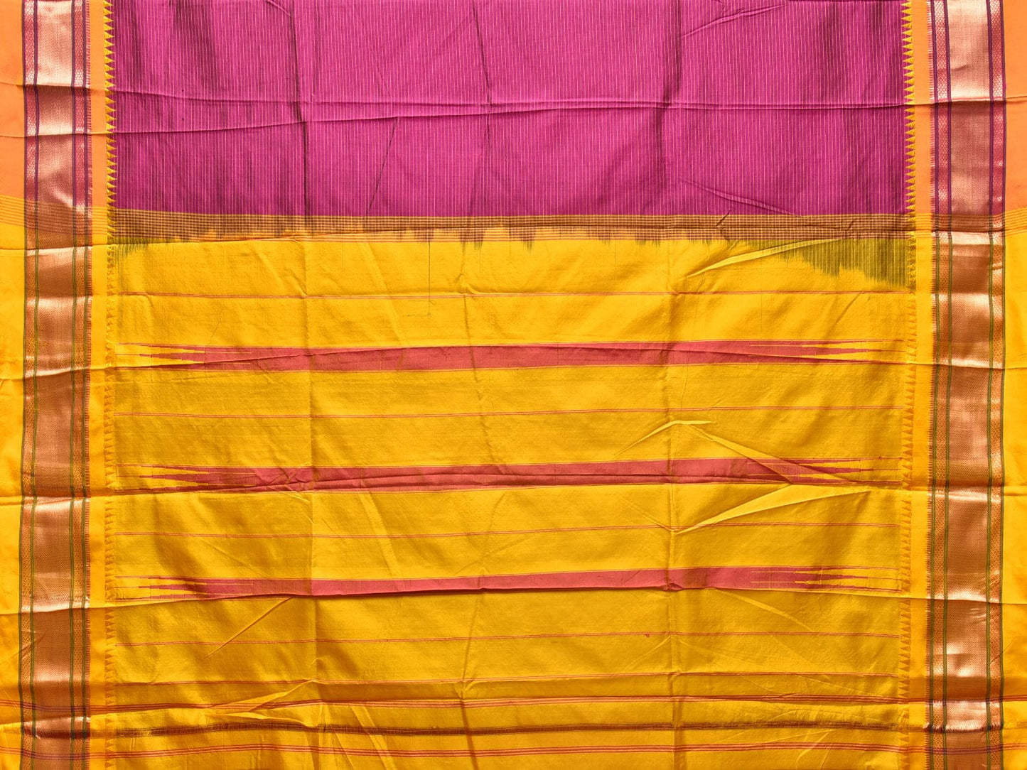Pink and Yellow Narayanpet Silk Saree with Strips Design No Blouse np0783