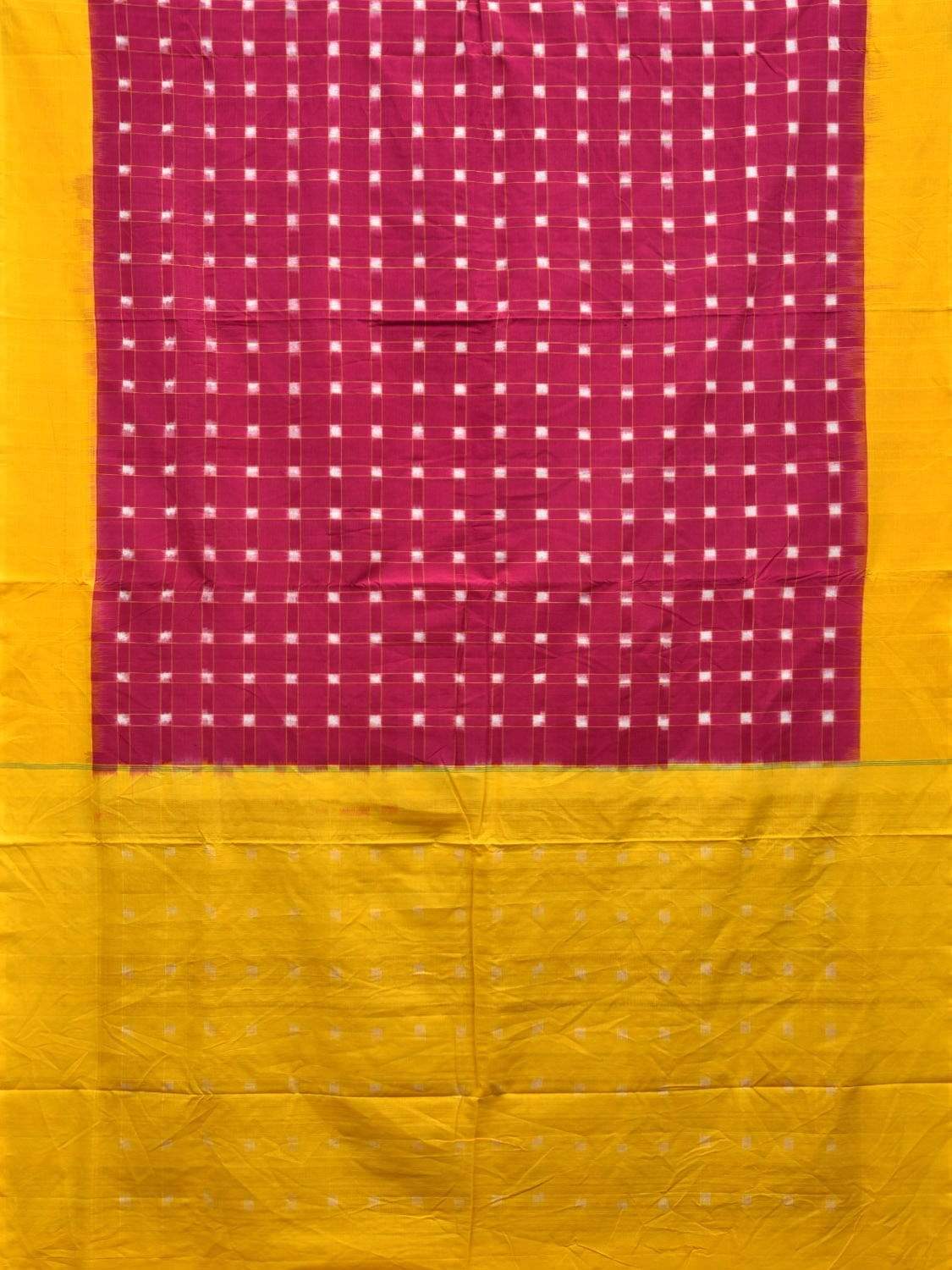 Pink and Yellow Pochampally Ikat Cotton Handloom Saree with Checks Design i0603