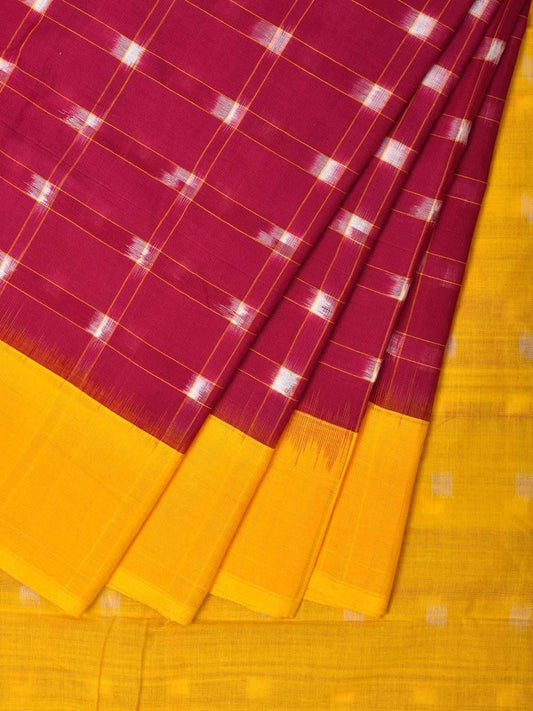 Pink and Yellow Pochampally Ikat Cotton Handloom Saree with Checks Design i0603
