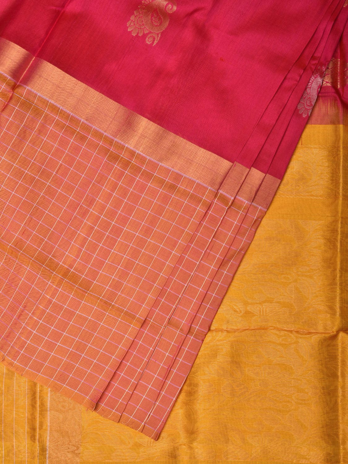 Pink and Yellow Uppada Silk Handloom Saree with Body Buta and Checks Border Design u2118