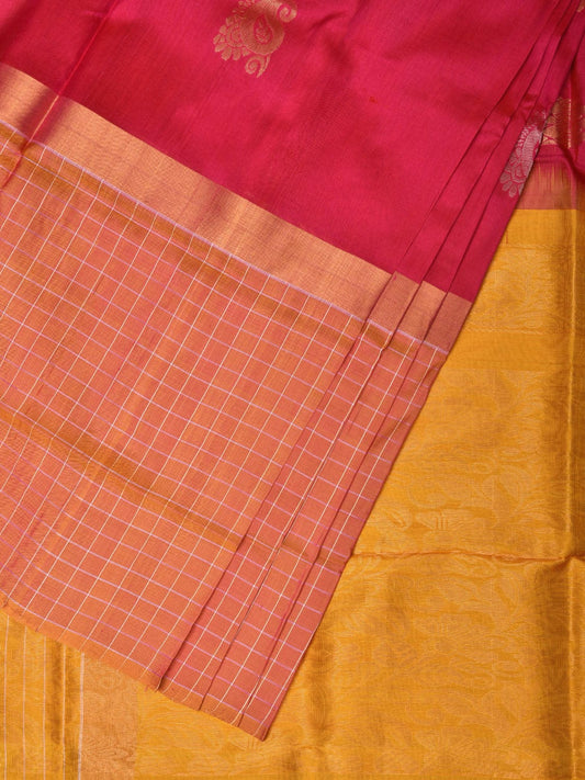 Pink and Yellow Uppada Silk Handloom Saree with Body Buta and Checks Border Design u2118