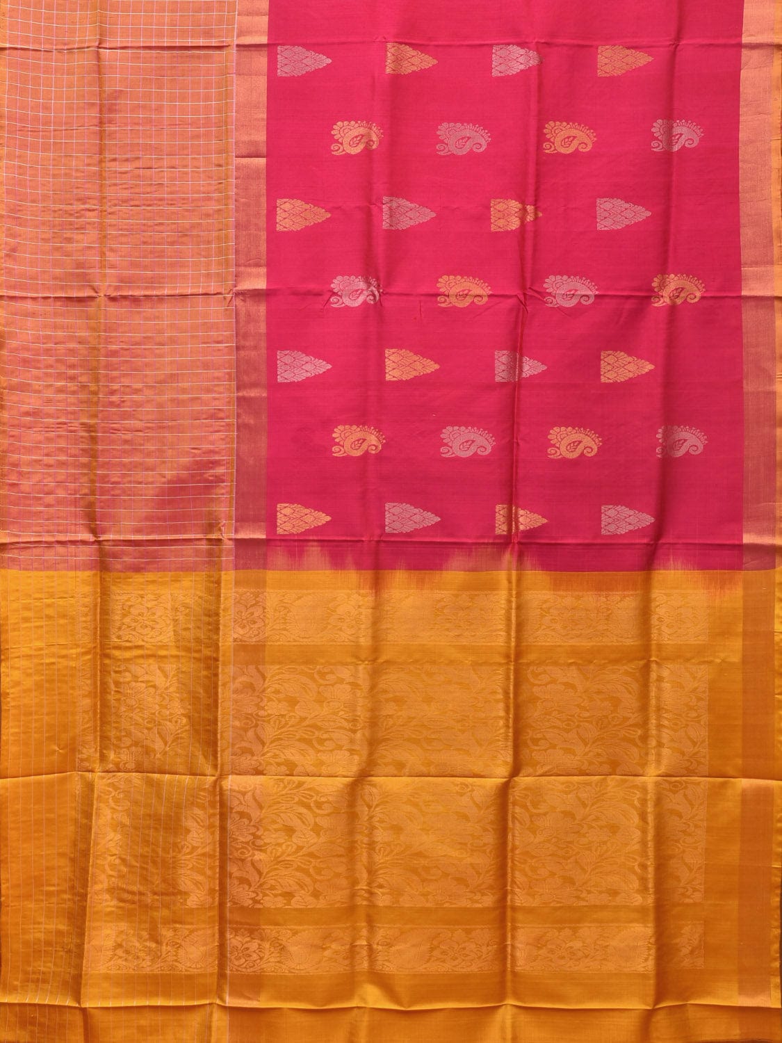 Pink and Yellow Uppada Silk Handloom Saree with Body Buta and Checks Border Design u2118