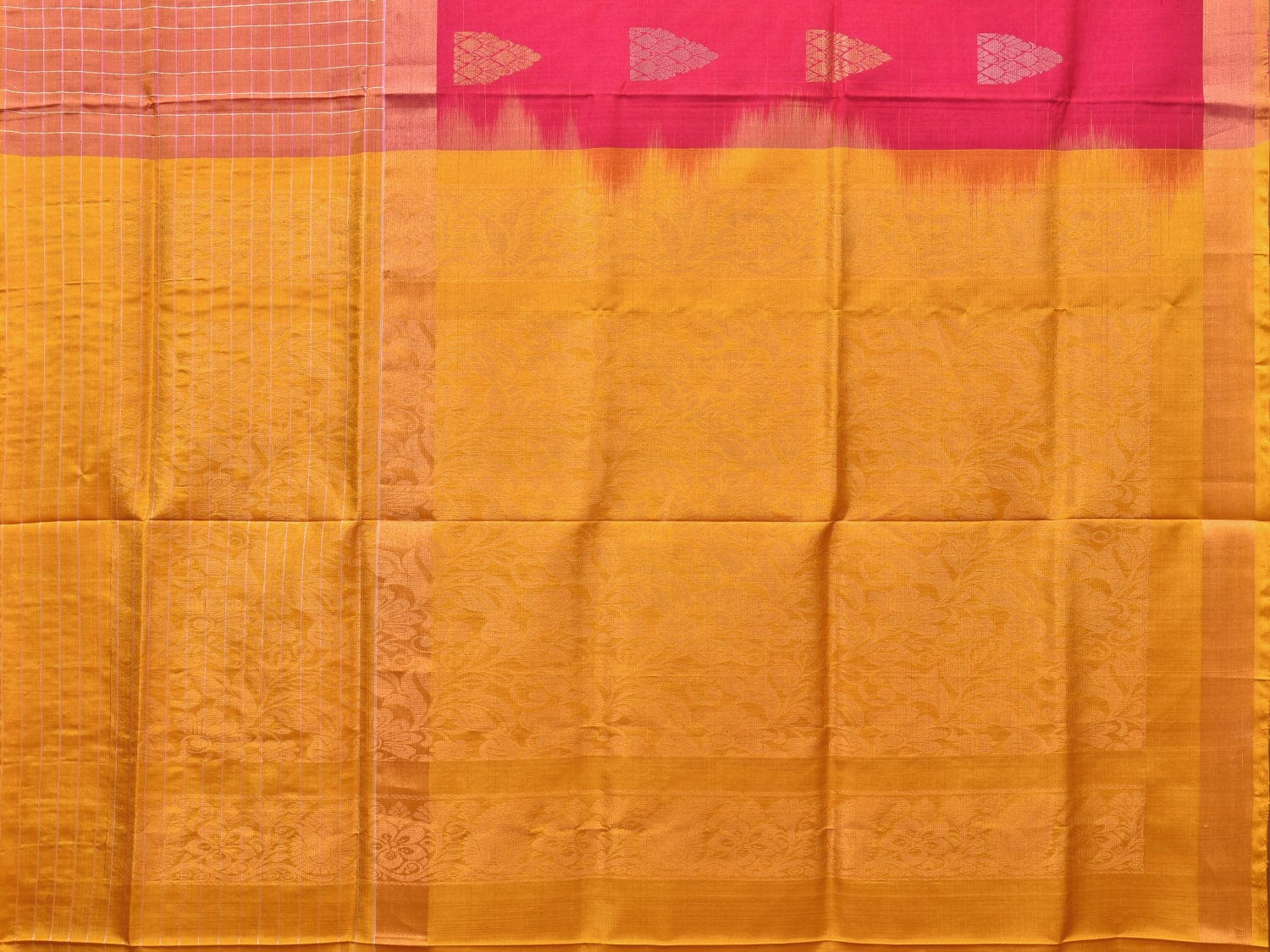 Pink and Yellow Uppada Silk Handloom Saree with Body Buta and Checks Border Design u2118