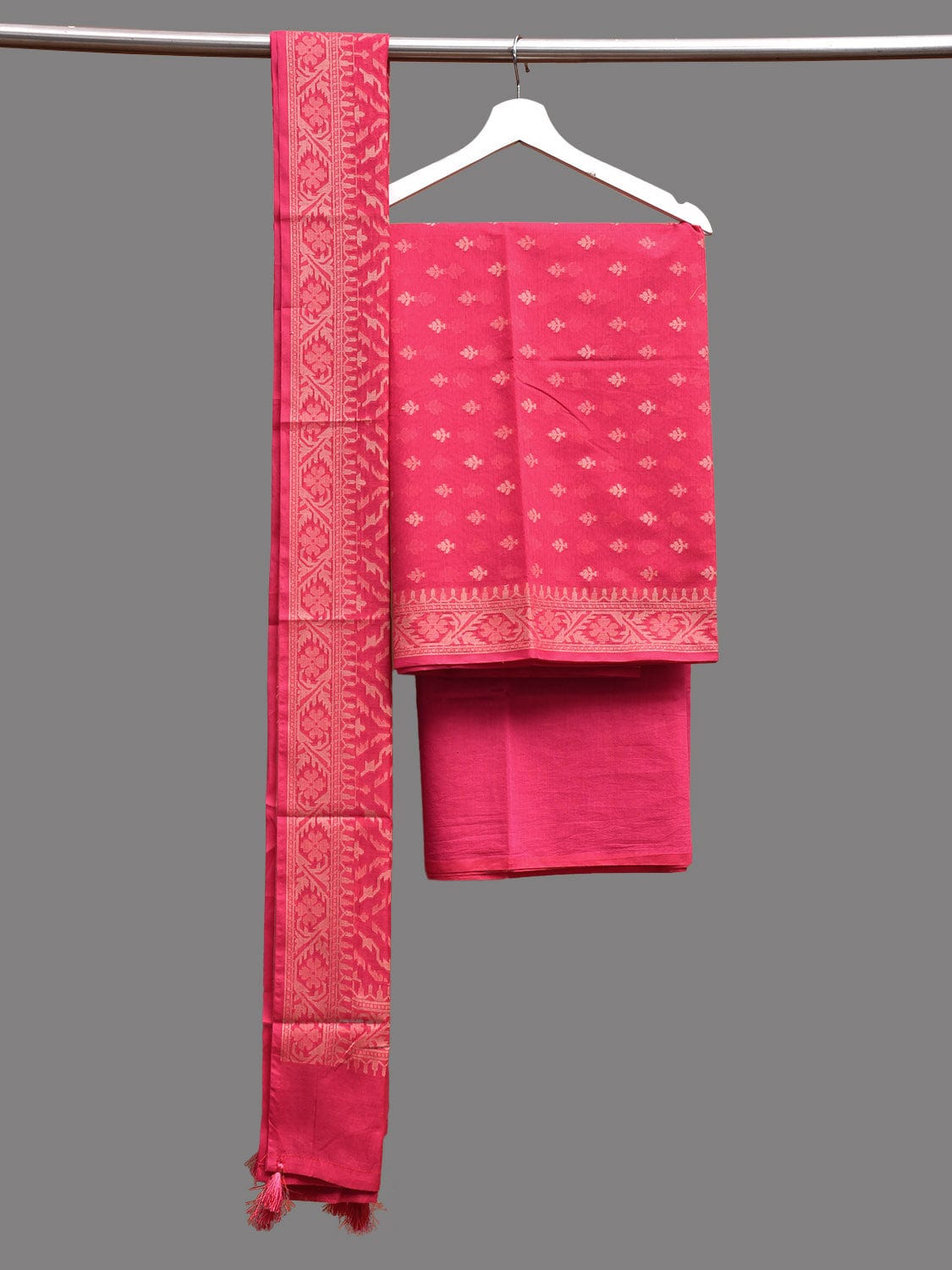 Pink Banaras Cotton Viscose Dress Material with Dupatta, Top and Plain Bottom Design dm0068