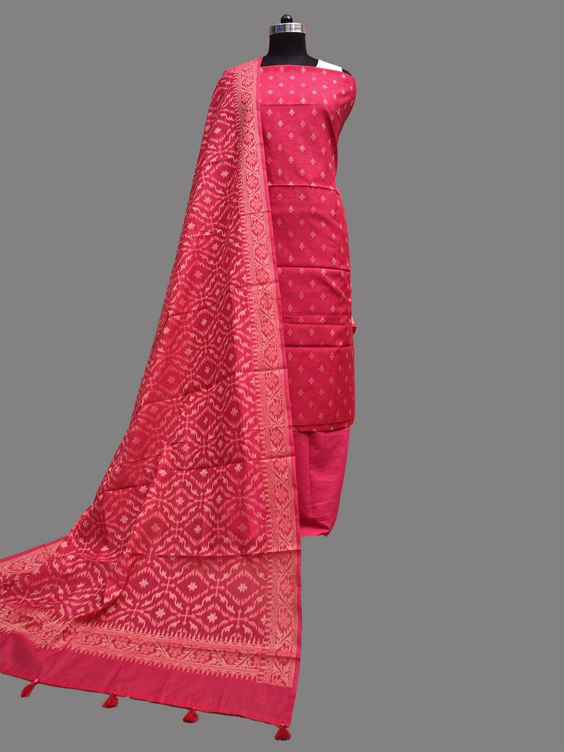 Pink Banaras Cotton Viscose Dress Material with Dupatta, Top and Plain Bottom Design dm0068