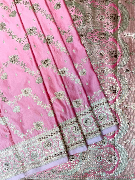 Pink Banaras Katan Silk Saree with Allover Body Butti and Stone Work Design b0391ds