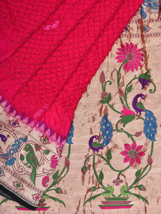 Pink Bandhani Banaras Paithani Silk Handloom Saree with Border Design bn0282