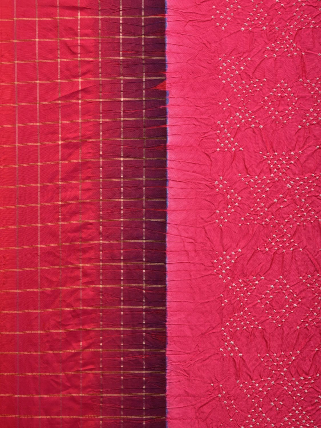 Pink Bandhani Gadwal Silk Handloom Saree with Kalamkari Checks Border Design bn0419