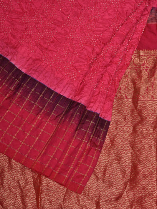 Pink Bandhani Gadwal Silk Handloom Saree with Kalamkari Checks Border Design bn0419