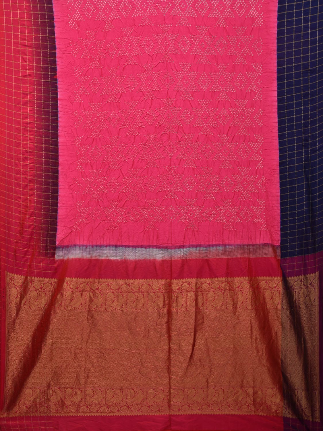 Pink Bandhani Gadwal Silk Handloom Saree with Kalamkari Checks Border Design bn0419
