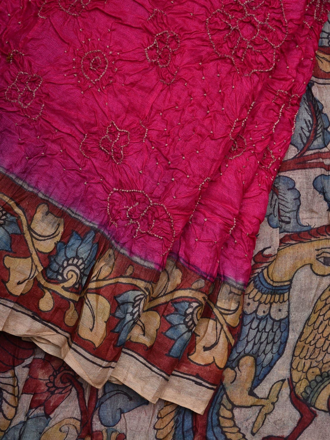 Pink Bandhani Kalamkari Hand Painted Tussar Handloom Saree with Pallu and Border Design bn0322