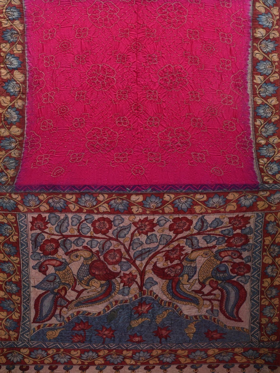 Pink Bandhani Kalamkari Hand Painted Tussar Handloom Saree with Pallu and Border Design bn0322