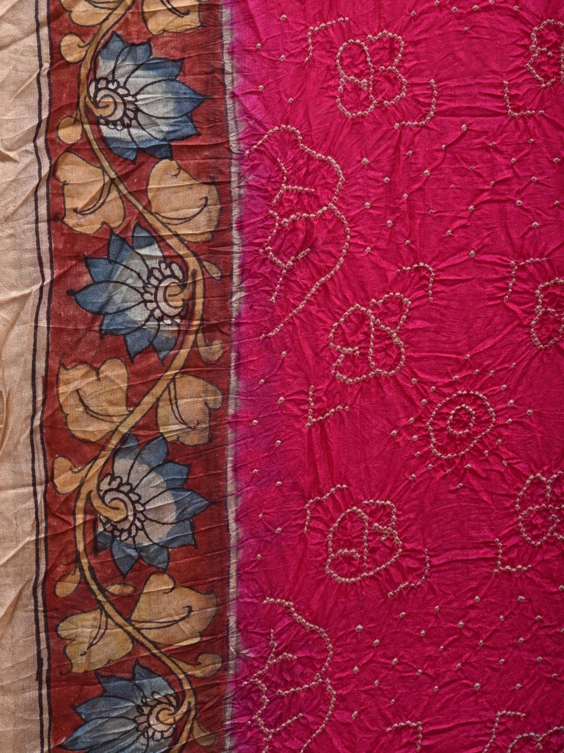 Pink Bandhani Kalamkari Hand Painted Tussar Handloom Saree with Pallu and Border Design bn0322