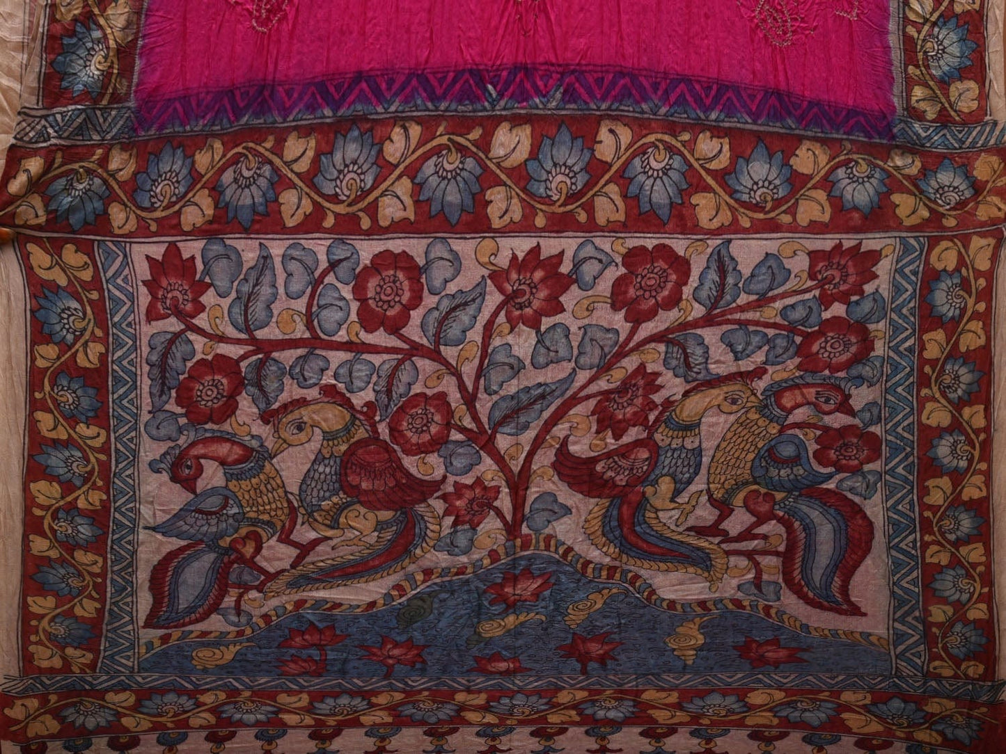 Pink Bandhani Kalamkari Hand Painted Tussar Handloom Saree with Pallu and Border Design bn0322