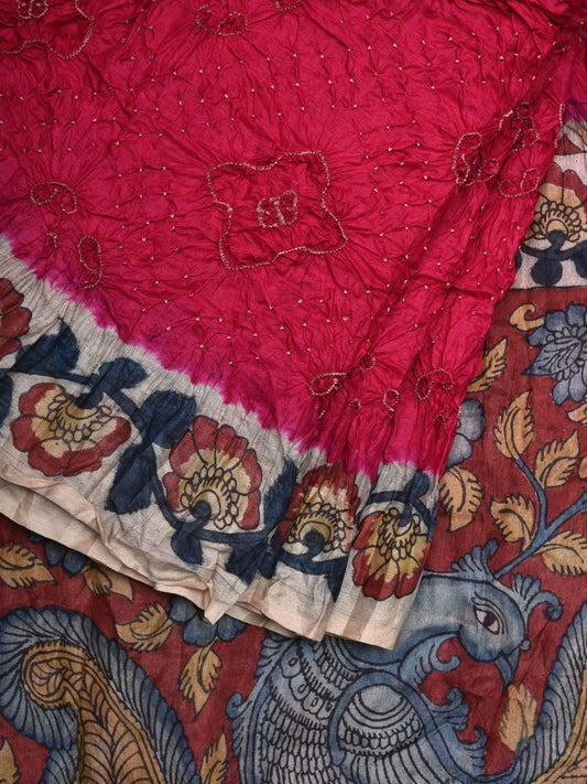 Pink Bandhani Kalamkari Hand Painted Tussar Handloom Saree with Pallu and Border Design bn0324
