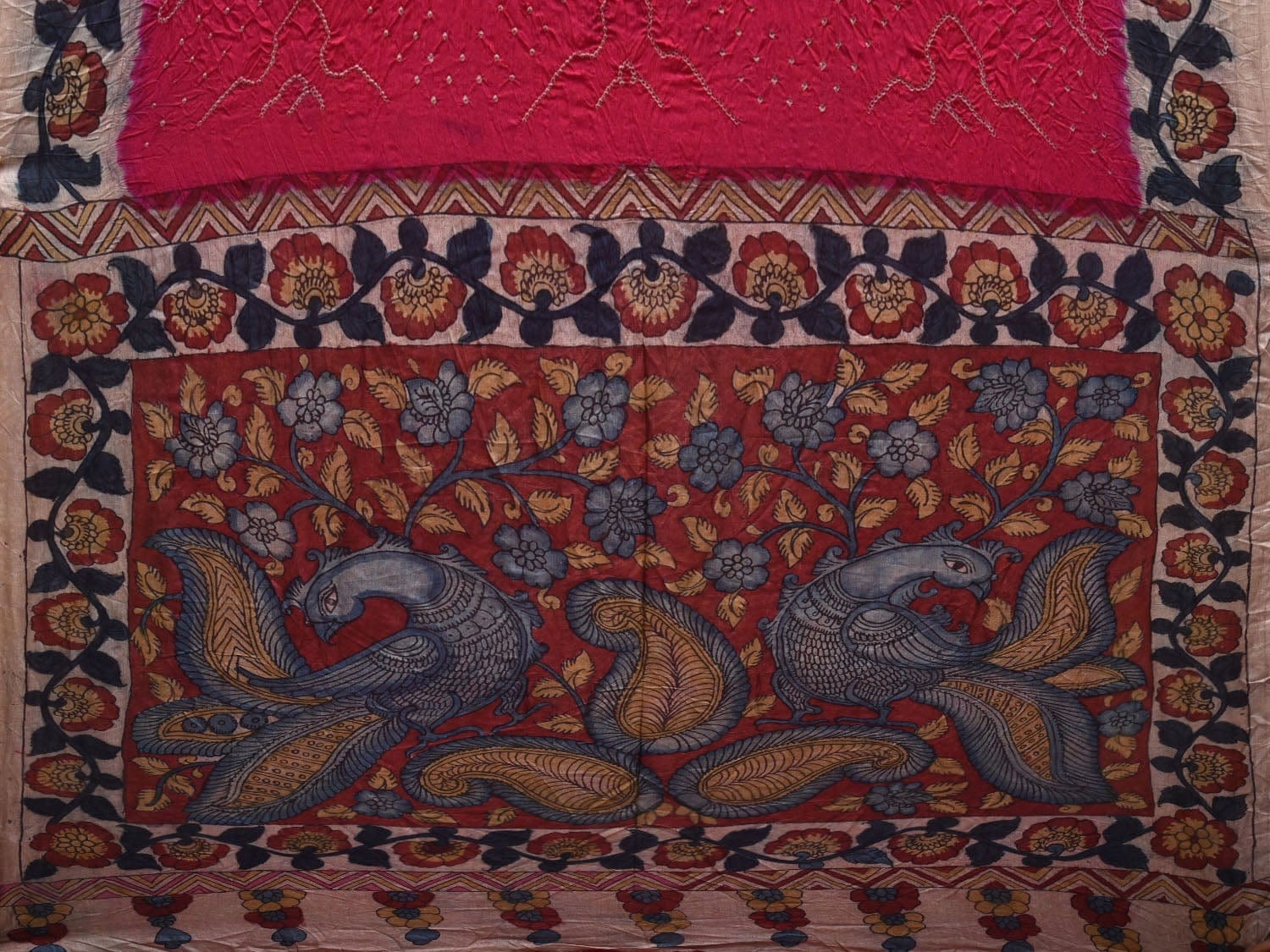 Pink Bandhani Kalamkari Hand Painted Tussar Handloom Saree with Pallu and Border Design bn0324