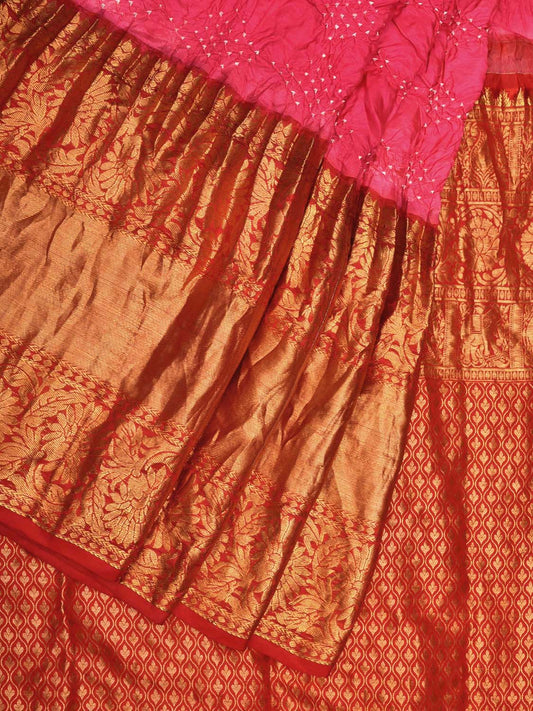 Pink Bandhani Kanchipuram Silk Handloom Saree with Big Border and Pallu Design bn0431