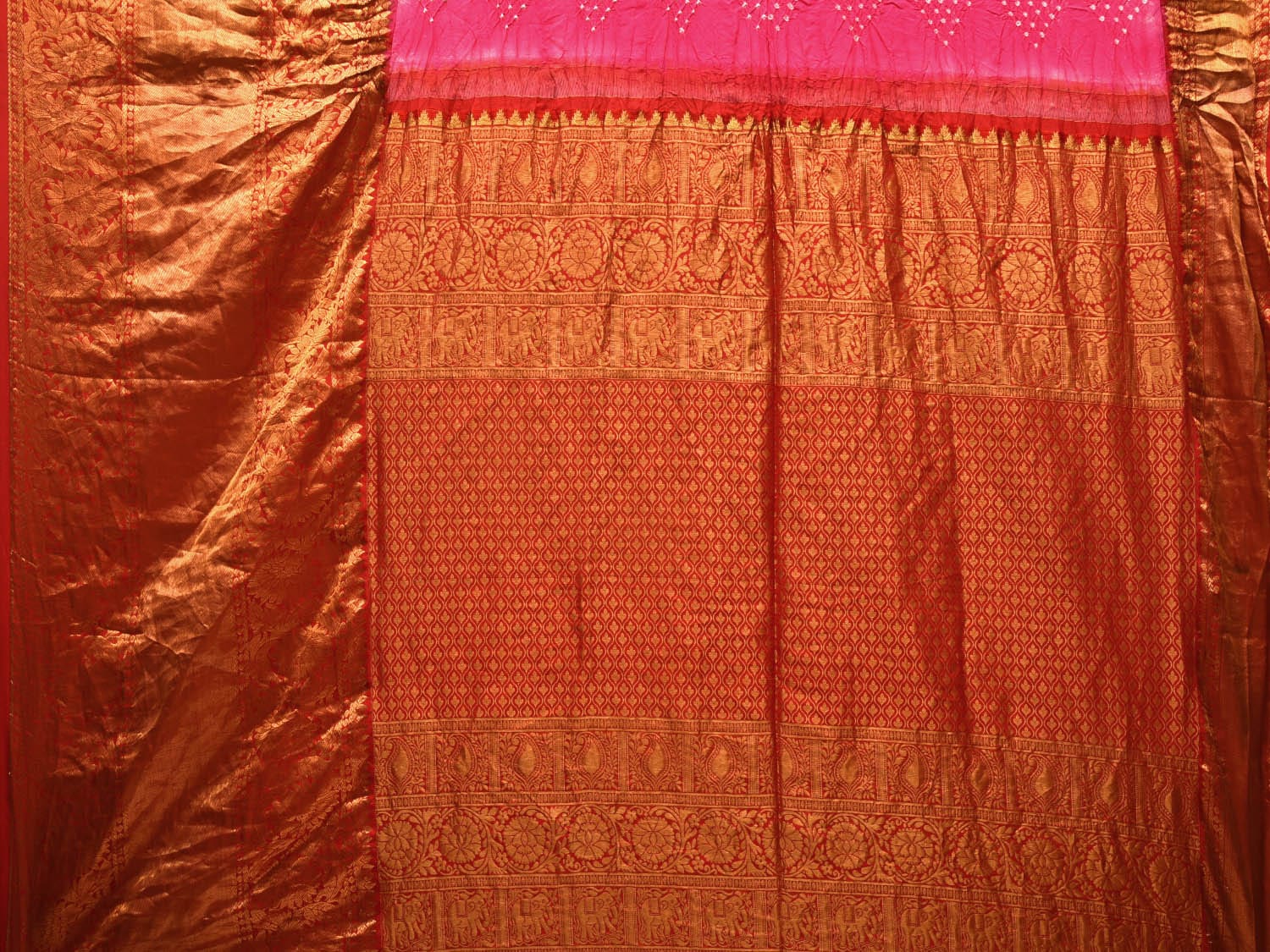 Pink Bandhani Kanchipuram Silk Handloom Saree with Big Border and Pallu Design bn0431