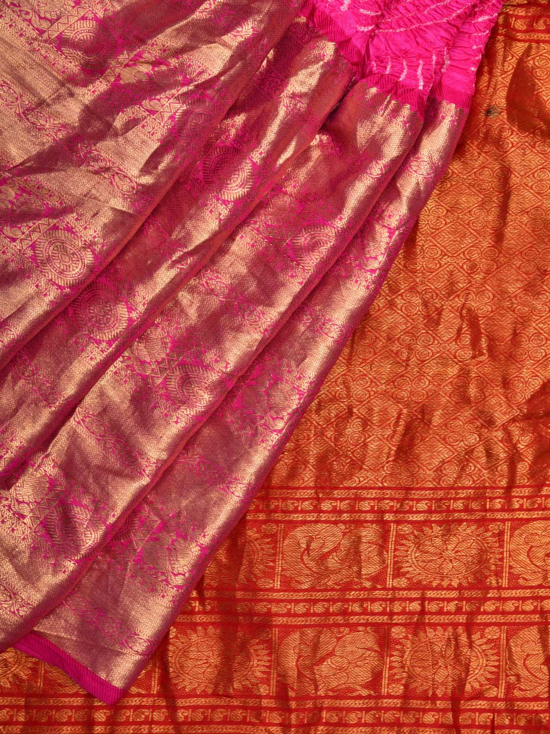 Pink Bandhani Kanchipuram Silk Handloom Saree with Big Border Design bn0276