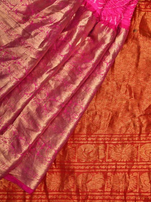 Pink Bandhani Kanchipuram Silk Handloom Saree with Big Border Design bn0276