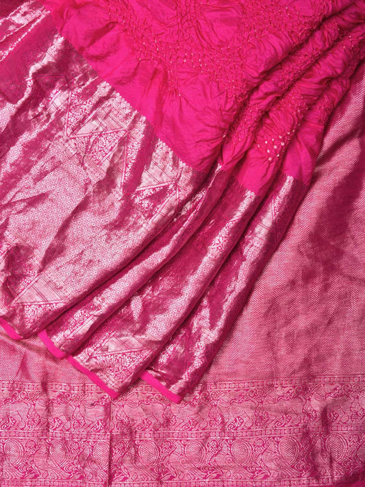 Pink Bandhani Kanchipuram Silk Handloom Saree with Border and Pallu Design bn0231