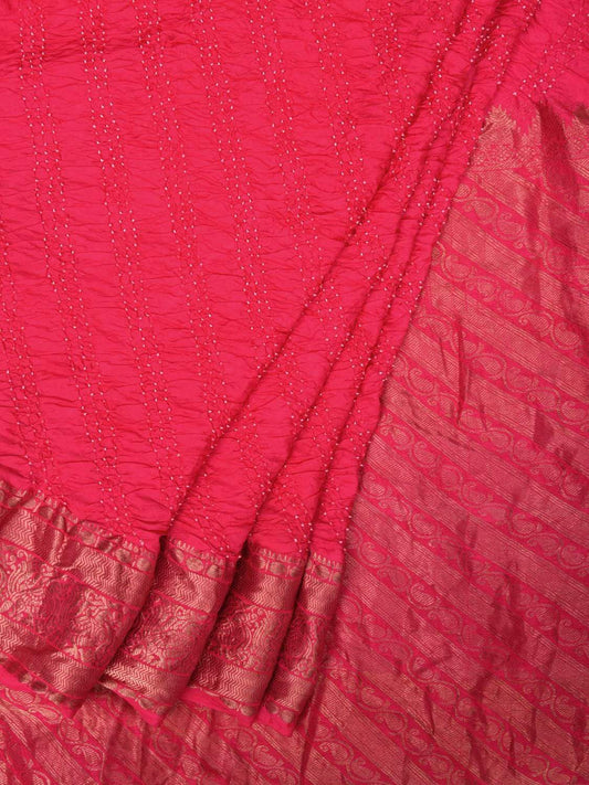 Pink Bandhani Kanchipuram Silk Handloom Saree with Diagonal Design bn0187