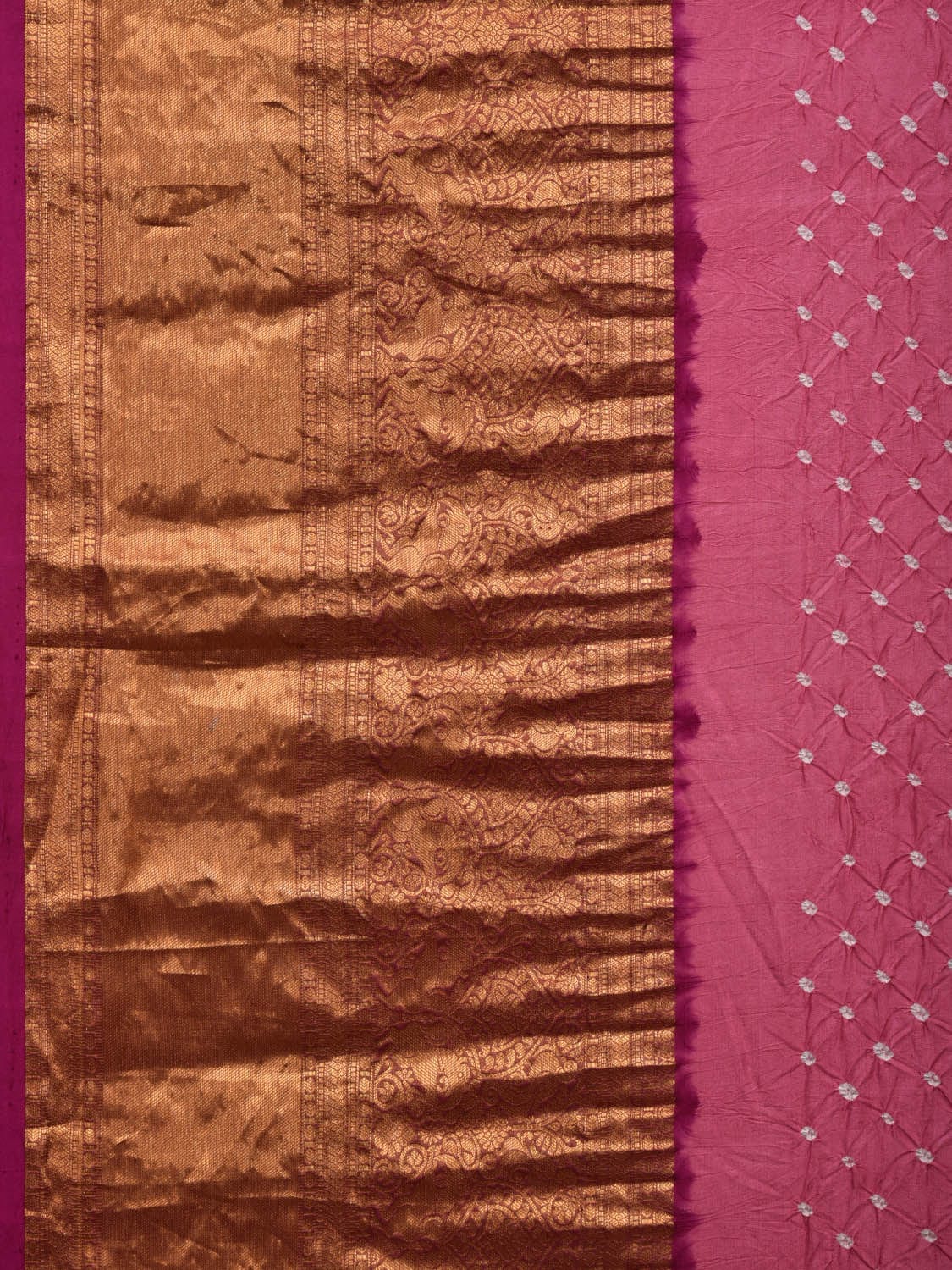 Pink Bandhani Kanchipuram Silk Handloom Saree with Kalamkari Hand Painted Pallu and Blouse Design bn0439